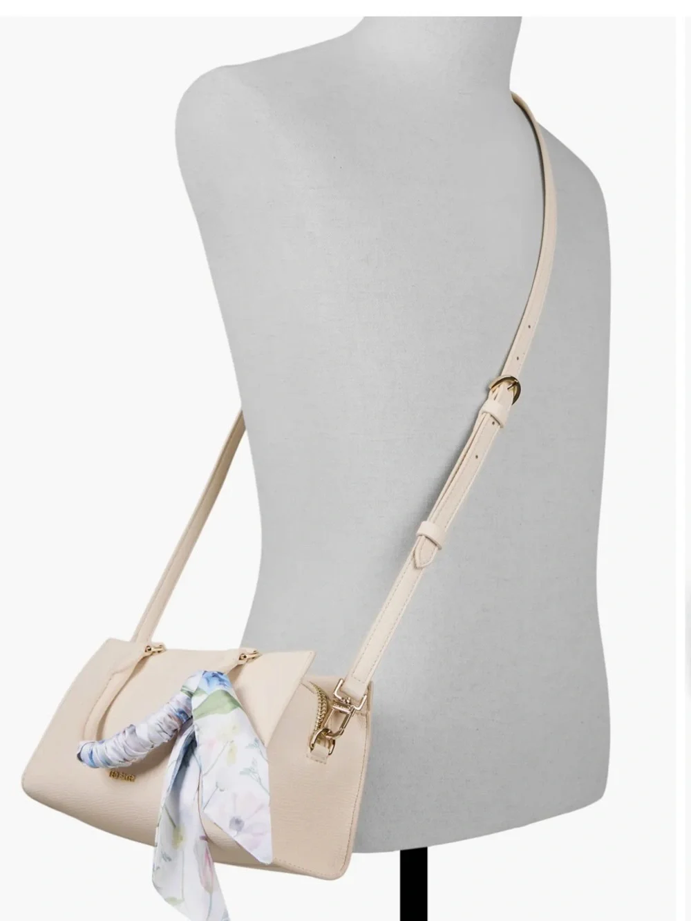 Ted Baker Cream Pebbled Top-Handle Satchel with Floral Scarf Accent